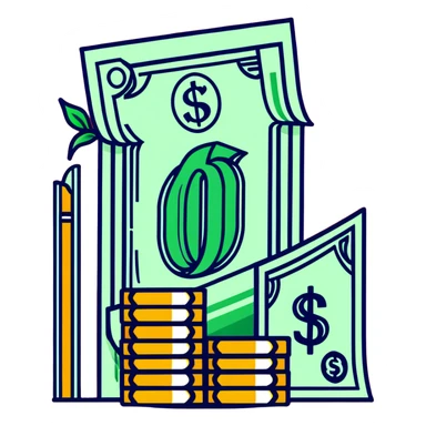 upward green arrow next to a tall growing stack of dollar bills and coins sticker