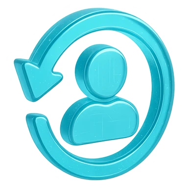 Icon of a circular arrow chasing a user silhouette, cyan blue sticker