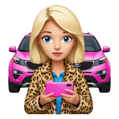 a blondie queen Arina in a leopard fur and pink iPhone on her kia Sportage white car. blue eyes sticker