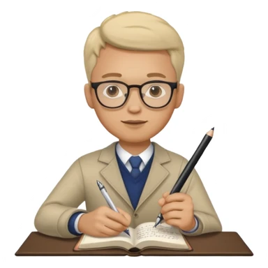 man hold a pen in hand write in book , wearing glasses sticker