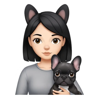 A girl with black hair with two grey strings of highlights carry a black frenchie  sticker