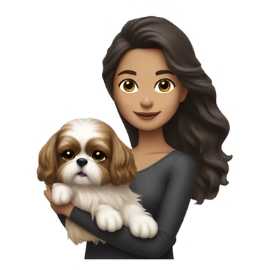 Young dark brunette medium kin hair woman with a golden shih tzu in her arms long wavy hair sticker