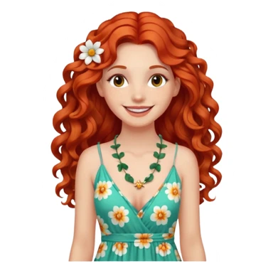 white girl with long curly red hair, wearing a maxi dress, flower necklace, bright smile sticker