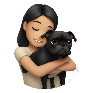 A girl with dark hair hugs a black French bulldog sticker