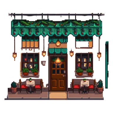 Italian restaurant exterior at night, glowing windows, cozy atmosphere in pixel art style sticker