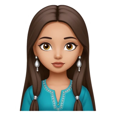generate a pretty bratz girl wearing a kurti, eyeliner on, long straight hair, silver jhumkas in ear sticker