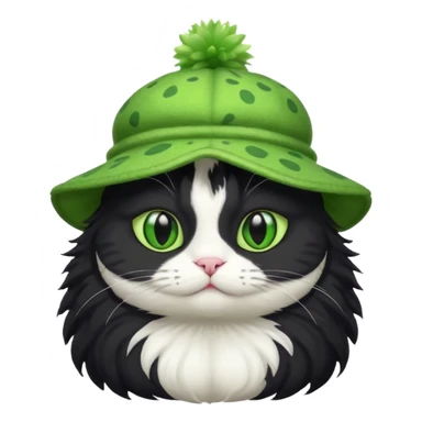 Black and white cat with a frog-shaped hat sticker