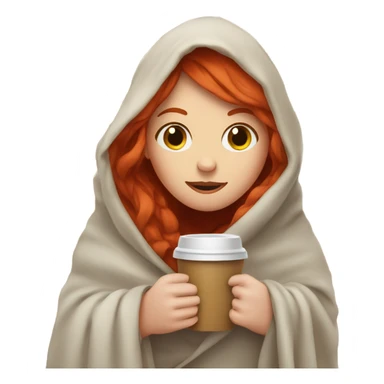 Red headed girl wrapped in a blanket holding a coffee sticker