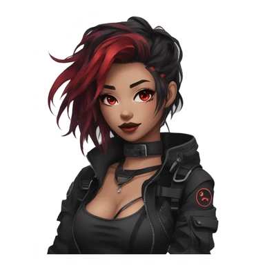 Gorgeous dark techwear anime style lady with blushing face aesthetic and pretty edgy black red punk messy hair with collar and harness trending style sticker