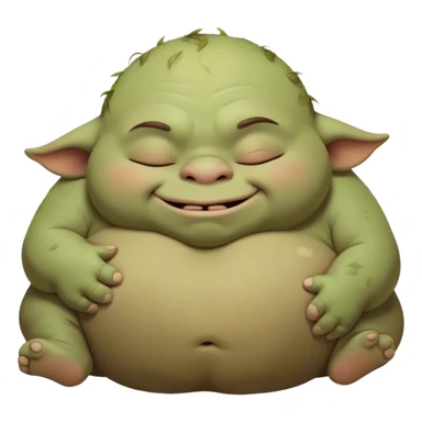 Meme-Worthy Cute Sleeping Ogre Portrait Emoji, with a surprisingly endearing, plump figure in soft earthy greens and browns, head drooping gently with closed, relaxed eyes and a content, sleepy grin, simplified yet adorably detailed, glowing with a soft warm outline that captures the peaceful slumber of a friendly ogre after a day of gentle mischief! sticker