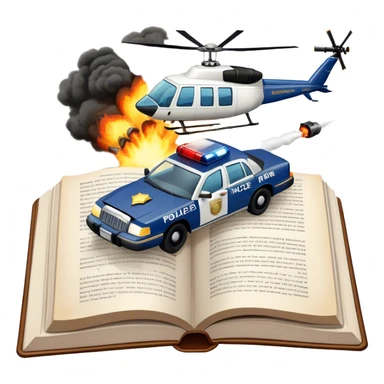 Icon for Action & Crime Reading: an open large book with text on the pages, a police car is driving out, with explosions behind, a helicopter flying above, a pistol with bullets in the front. The icon should capture the thrilling action and suspense of crime stories. Transparent background. sticker