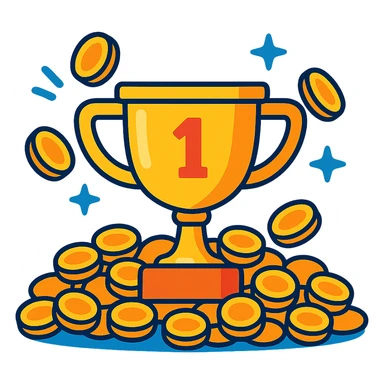 prize pool, trophy surrounded by coins, vibrant, fun sticker
