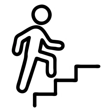 outlined icon of a figure climbing a staircase, minimal, no fill, black lines sticker