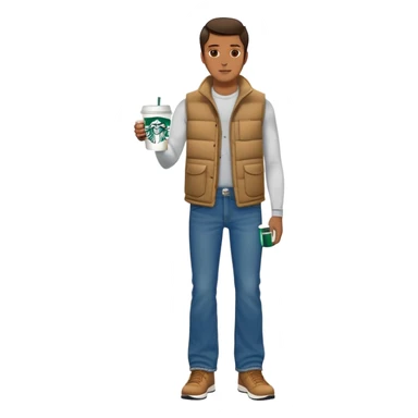full body man with plain puffy winter vest with no pockets over long sleeved shirt wearing straight levi boot cut levi blue jeans with no cuffs and tennis shoes holding starbucks coffee mug in his hand sticker