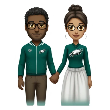 Brown guy and brown girl with glasses and hair in a bun in Philadelphia eagles clothes holding hands sticker
