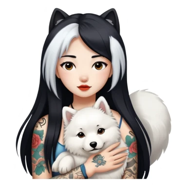 a Chinese girl with long black  straight hair and tattoos and a samoyed sticker