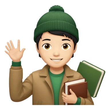 asian, tan skin, non binary asian man with pixie cut black hair, wearing brown jacket and dark green beanie, smiling , holding up books  sticker