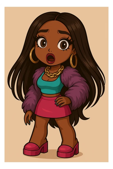 Remove any tears or crying, keep her shocked expression. Depict a 20-year-old anime Bratz style woman with dark skin, dark hair, glamorous evening wear, big expressive eyes, and glossy lips. sticker