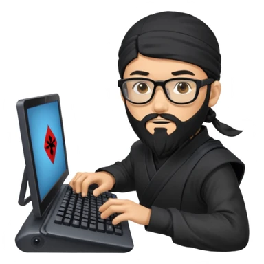Man with black hair and beard wearing glasses in a ninja costume. Keep the top left version, make the beard longer and replace the sword on his back with a computer keyboard  sticker