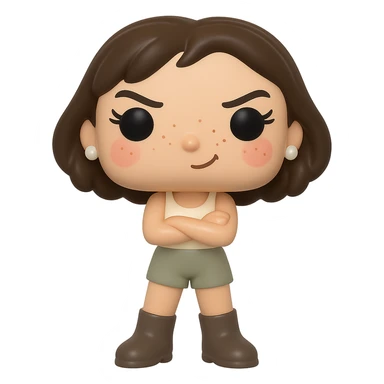 Create a Funko Pop style vinyl figure inspired by the reference image. The figure should have a cream-colored tank top, greige shorts, dark greige mid-calf Santiago boots, messy dark brown bob haircut, small freshwater pearl earrings, rosy cheeks, light freckles, three eyelashes on each eye, and a mischievous expression with arms crossed. The background should be transparent. No other accessories included. sticker