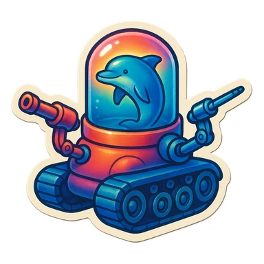 dolphin in a water tank mounted on tank treads, robotic arms extend from the tank with ranged weapons, retro sticker style, no border sticker