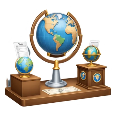 An icon featuring a podium with a speaker, a ballot box with a voting slip, and a globe, symbolizing political science. The design includes scales of justice and a world map in the background, representing governance and global politics. Transparent background highlights political analysis. sticker