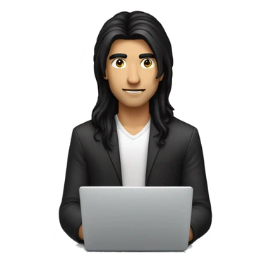 a fair screen guy with long length black hair working on a laptop haing black or brow eyes sticker