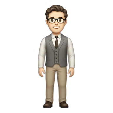Full height Pale skinned Fit Man With dark brown hair in gray jacket, vest, tie, beige office shirt, Brown pants and vintage glasses. Thrumbs of his palms directed up sticker