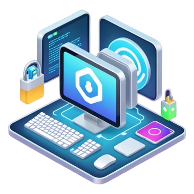 isometric, image of computer systems, processes, data integrating together sticker