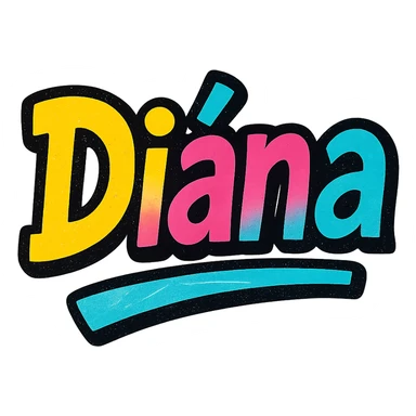 Diána name in modern colorful gradient font with dark outline, dynamic slanted or partial underline, transparent background, in the style of reference patterns sticker