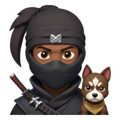 clash-of-clans-aesthetic_-cinematic-mysterious-male-ninja-portrait-emoji, rendered in a flat, vector-style with minimal shading and bold, simplified shapes,   with a head slightly turned revealing intense, focused eyes. the ninja is accompanied by a Ninken dog sticker