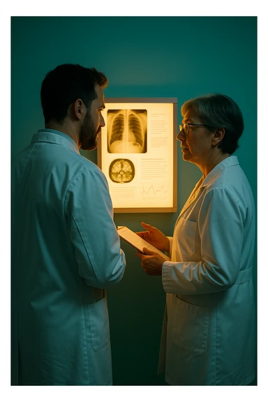 Realistic, detailed photo taken from behind of two doctors—a bearded man and a middle-aged woman—standing and facing each other as they discuss a diagnosis in front of a medical chart. The scene is illuminated by a yellowish, orange, warm light that softly envelops the doctors. The entire room is bathed in a single green-blue color, creating a cohesive and modern atmosphere. Both doctors wear white coats, and their body language suggests a serious, professional conversation. Shot with a Canon EOS R5, with high detail and natural depth of field. sticker