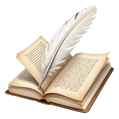 Create a poetic and elegant emoji representing poetry. The design should feature several, gracefully flying pages with short, poetic columns written on them. A white feather quill should be depicted writing on one of the pages, with ink flowing smoothly. The pages should have a soft, antique look, with subtle details to convey the delicate nature of poetry. Use soft, light colors with a romantic, airy feel. Make the background transparent. sticker