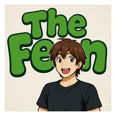 green bubble letters that say 'The Fern', playful and bold, with a fun, inviting vibe. A brunette anime man with medium-length brown hair, expressive anime face, and a black t-shirt (no jacket) stands in front of the letters. sticker