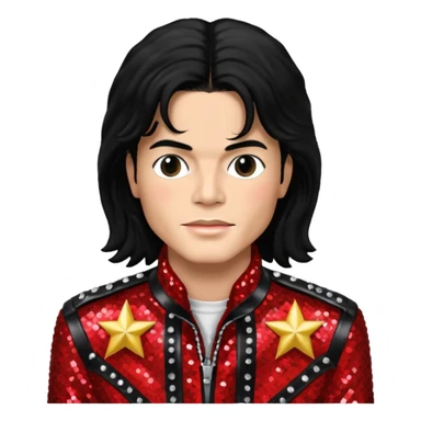 Michael Jackson with black long hair, red sequin jacket, black shirt, light skin sticker