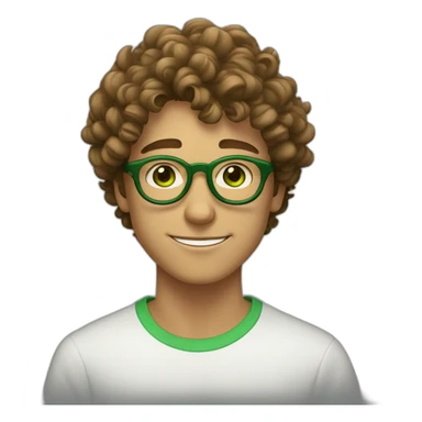 light tanned skin 19 year old guy with green eyes and curly brown hair and circular green glasses sticker