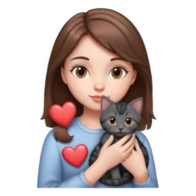 Girl with brown hair holding a grey and black kitten with,  love hearts around them like this emoji 🥰 sticker