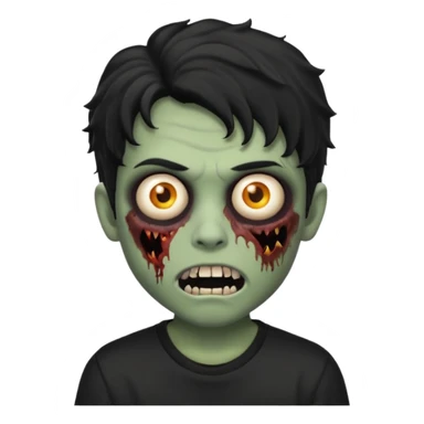 a boy with wavy hair, a zombie-shaped mouth piercing hum, and black hair with a black shirt too sticker