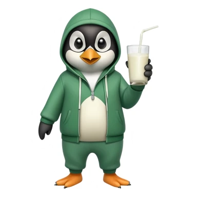 full body portrait of a friendly anthropomorphised penguin wearing a green mafia-style tracksuit, angry, intense brooding posture, holding a glass of milk sticker