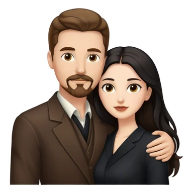tall white man with brown hair goatee mustache embracing a pale woman with long black hair, wearing elegant clothing, standing portrait sticker