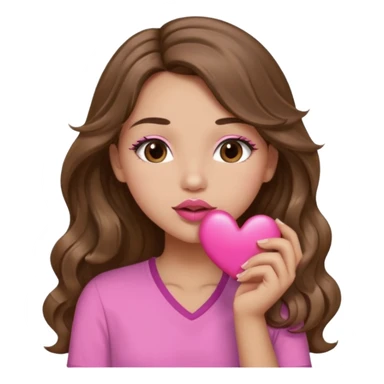 girl with long wavy brown hair, brown eyes, light to medium complexion, in a pink shirt, pink lips, long lashes, puckering up for a kiss, kiss lips and big heart in hand sticker