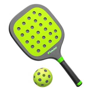 Modern Pickleball paddle graphite without holes, dark grey. 1 Pickleball ball beside or on top the paddle florescent green at 45 degrees sticker