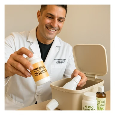 Create a realistic image of a man with the face and appearance of the person in the reference photo, throwing away chemical cosmetic products to use natural products called 'Homo Naturalis'. The natural products should be clearly visible and show the name. The tone should be positive and natural. sticker