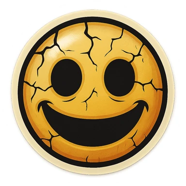 creepy emoji with cracks, empty eyes and wide smile, retro stickers style, sharp black outlines, clear shadows and highlights, no gradients sticker