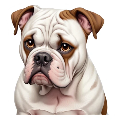 Cinematic Grumpy White and Brown American Bulldog Portrait Emoji, Head tilted slightly with a deeply unimpressed expression, thick white fur with dark brown patches and a furrowed brow, large, droopy eyes narrowed into an unamused glare, jowls slightly sagging in exasperation, Simplified yet comically expressive features, highly detailed, glowing with a dry, sarcastic glow, high shine, effortlessly judgmental yet dignified, stylized with a touch of cynicism, bright but brooding, soft glowing outline, capturing the essence of an eternally unimpressed yet endearing pup, so lifelike it feels like it could sigh heavily at you in disdain at any moment! sticker