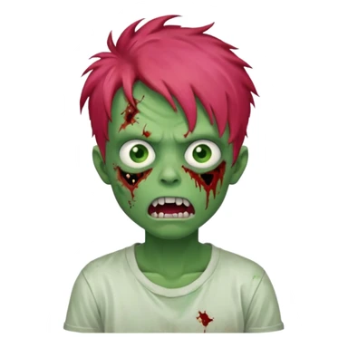 Boy, zombie, red messy hair, green skin, pink eyes, white t-shirt, open mouth with crooked teeth, tired expression. sticker