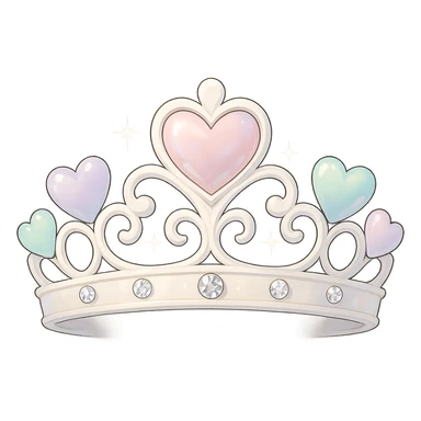 heart crown with a white base, hearts in pastel and pearl enamel, sparkling gems sticker