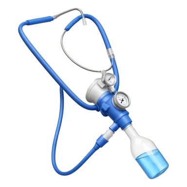 Blue VO2 max testing mouthpiece with breathing valve and tube, laboratory equipment isolated sticker