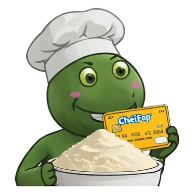 happy emoji with credit card in hand and a pile of flour sticker