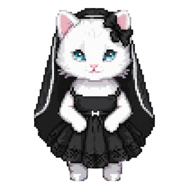 white baby cat wearing a black mini dress and black veil sticker